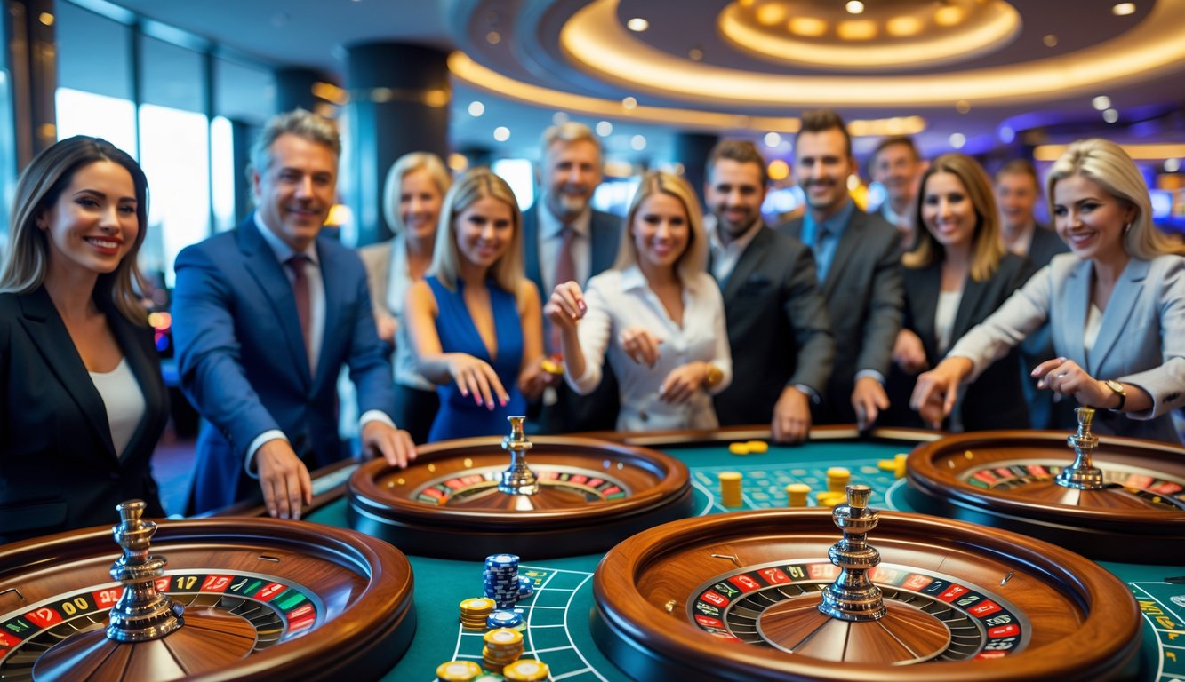 Beberapa orang sedang bermain roulette multi-wheel di kasino dengan suasana yang ramai dan penuh semangat.