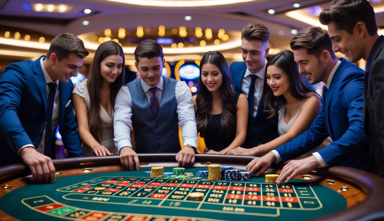 Beberapa orang sedang bermain roulette multi-wheel di meja kasino dengan beberapa roda roulette berputar.