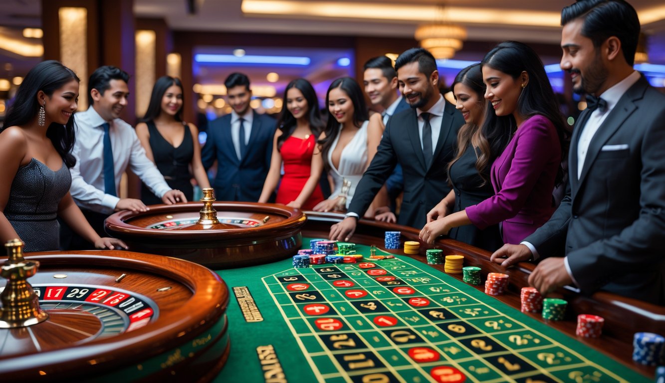 Beberapa roda roulette berjejer di meja kasino dengan pemain yang sedang memasang taruhan.