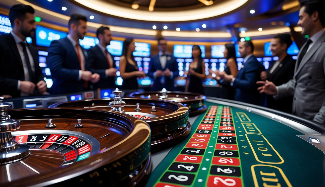 Beberapa roda roulette berputar di meja kasino dengan pemain dan dealer yang sedang bermain.