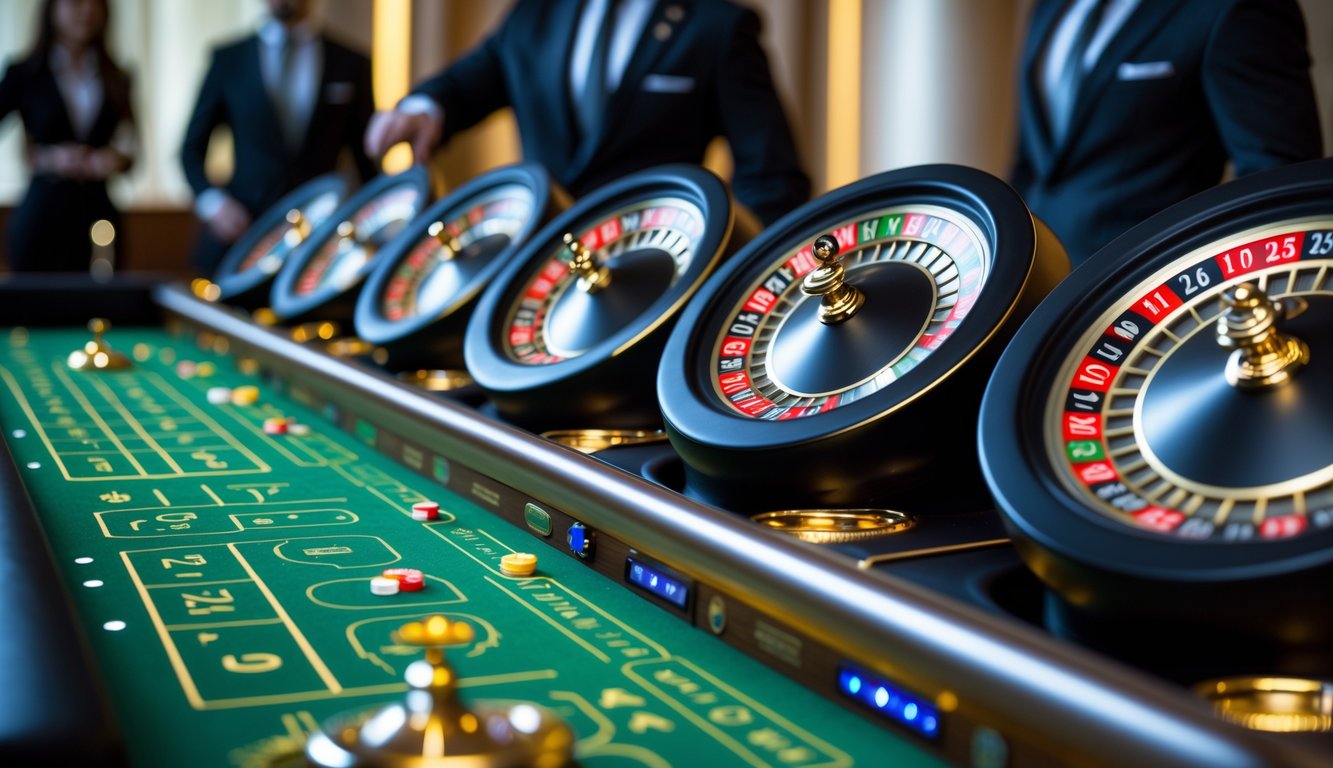 Meja kasino dengan beberapa roda roulette berputar bersamaan dan pemain di latar belakang.