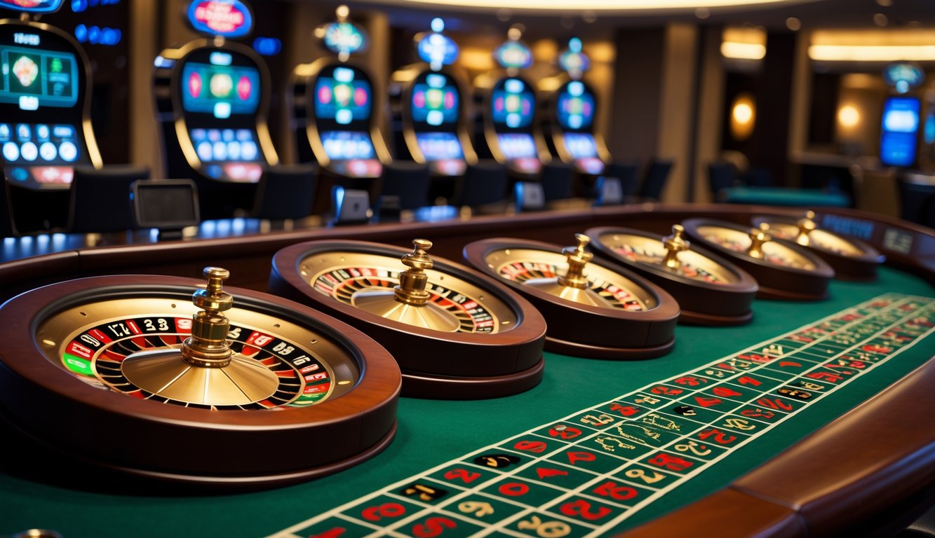 Beberapa roda roulette berputar di atas meja kasino dengan pencahayaan terang dan suasana yang aman.