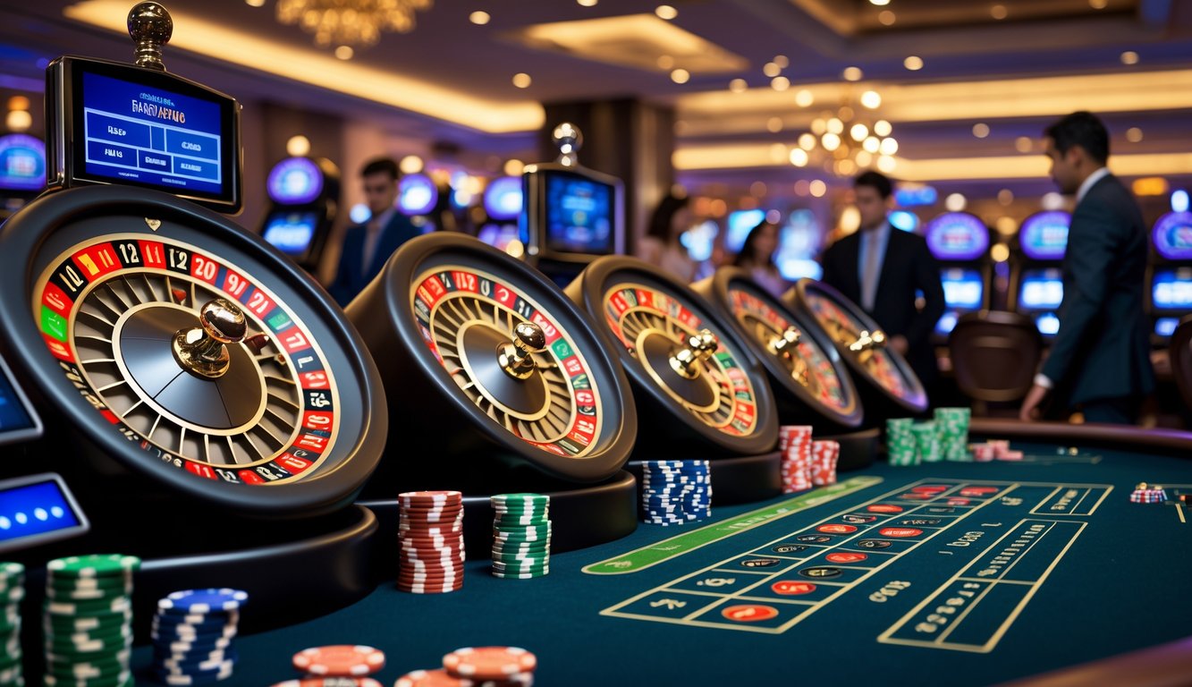 Adegan kasino dengan beberapa roda roulette yang berjejer, pemain sedang memasang taruhan di meja permainan.