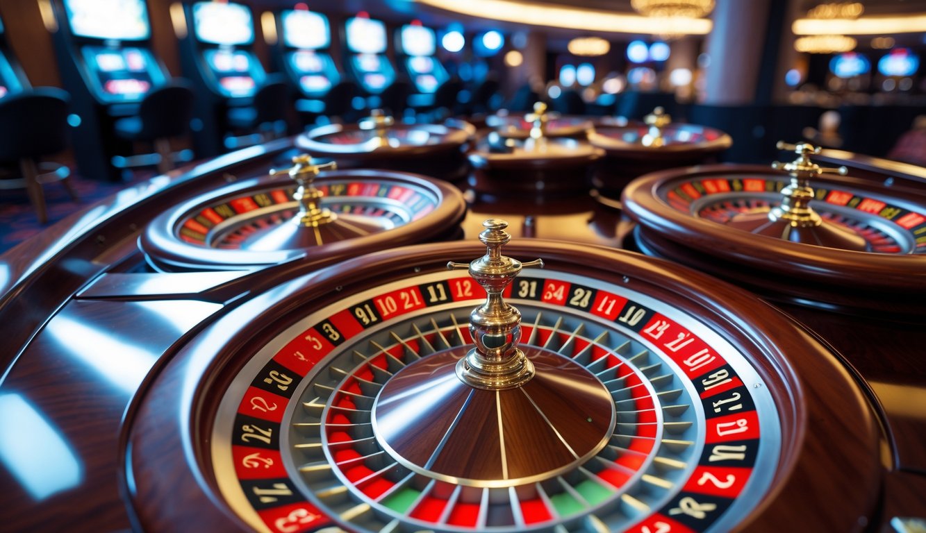 Beberapa roda roulette berjejer di atas meja kasino dengan latar belakang interior kasino yang terang dan modern.