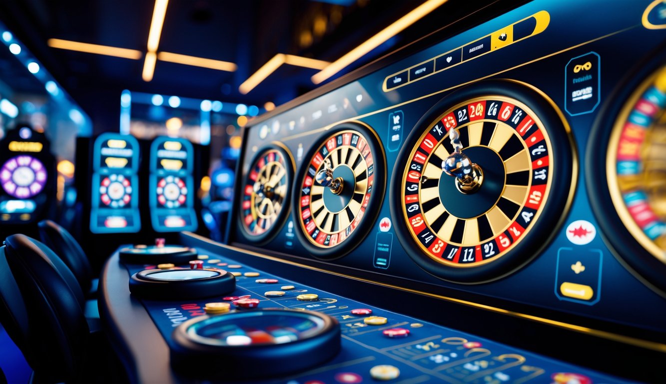 Tampilan layar komputer dengan beberapa roda roulette digital yang berputar secara bersamaan dalam lingkungan kasino online yang modern dan gelap.