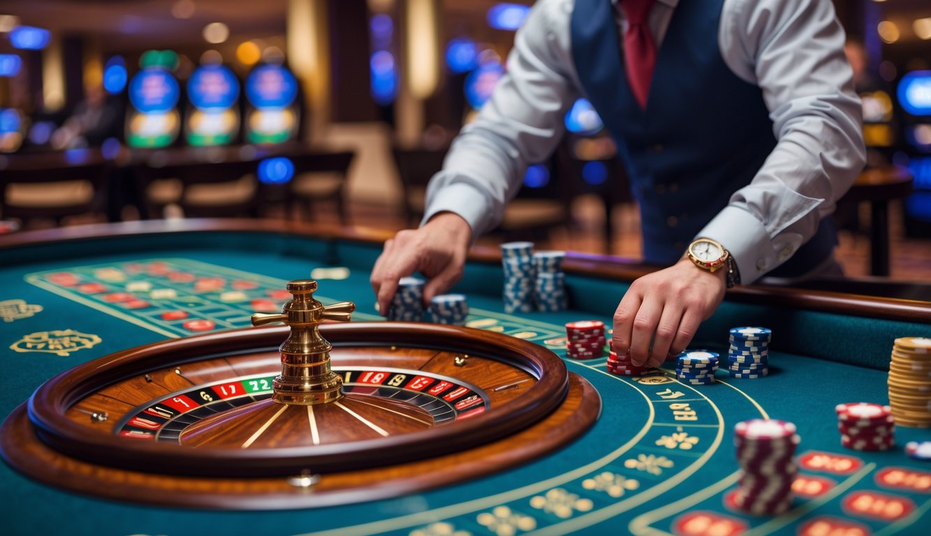 Seorang pemain sedang fokus bermain multi-wheel roulette dengan beberapa roda roulette berputar di meja kasino.