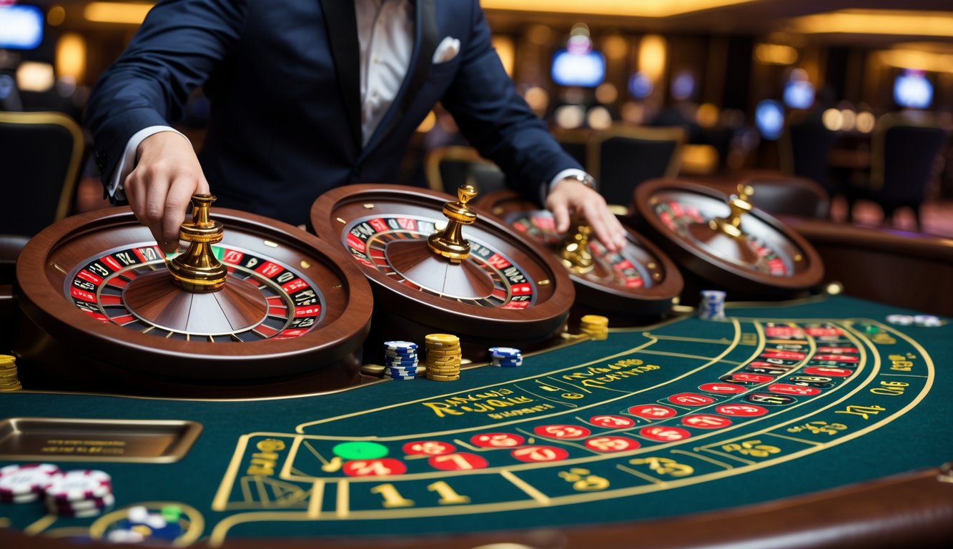 Seorang pemain atau dealer di meja roulette multi-wheel di kasino yang mewah dengan beberapa roda roulette berputar dan tumpukan chip taruhan.