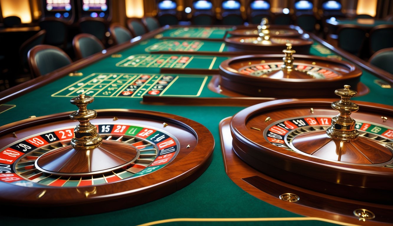 Beberapa meja roulette dengan roda roulette berwarna cerah di dalam kasino yang mewah.