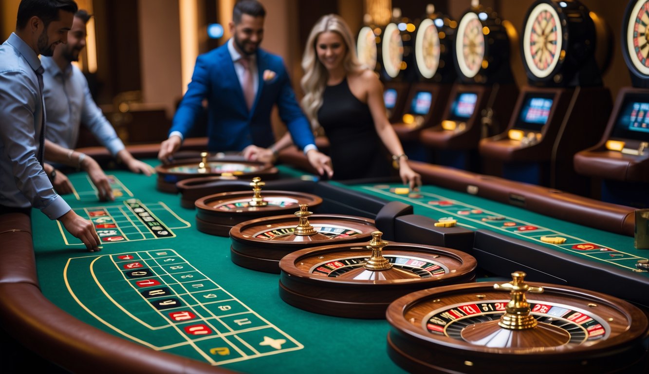 Beberapa roda roulette yang berjejer di meja kasino dengan pemain yang sedang memasang taruhan.