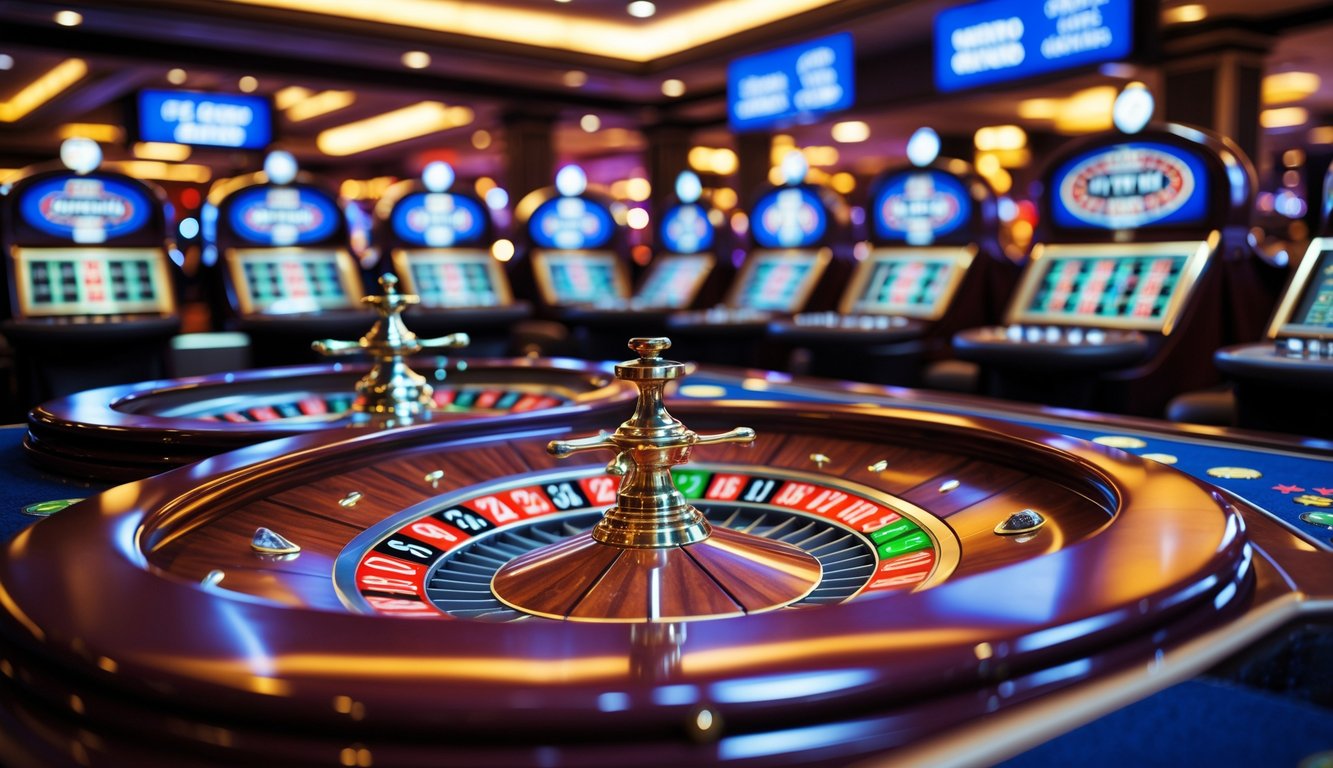 Beberapa roda roulette berputar di atas platform kasino yang mewah dengan pencahayaan hangat dan suasana yang sibuk.
