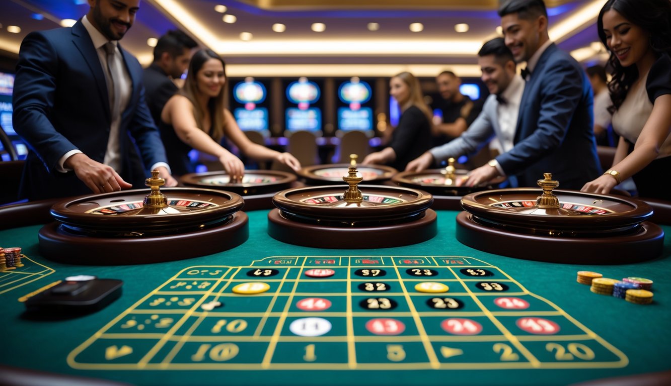 Beberapa pemain sedang bermain roulette dengan beberapa roda roulette di meja kasino yang mewah dan terang.