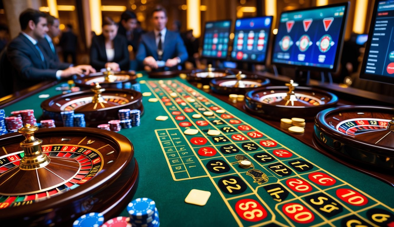 Beberapa roda roulette berputar di atas meja kasino dengan tumpukan chip warna-warni dan layar komputer yang menampilkan pemain online di latar belakang.