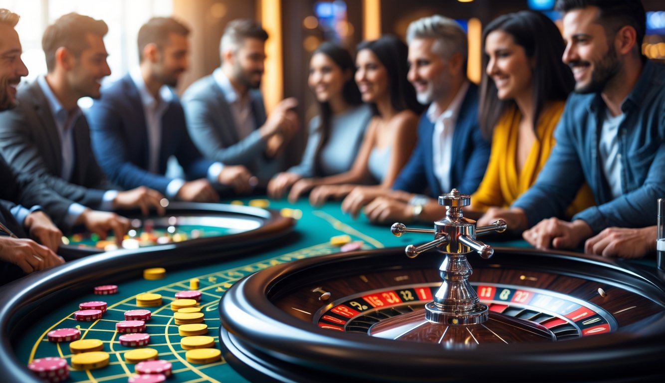 Beberapa roda roulette berputar di atas meja dengan pemain yang fokus dan antusias di latar belakang.