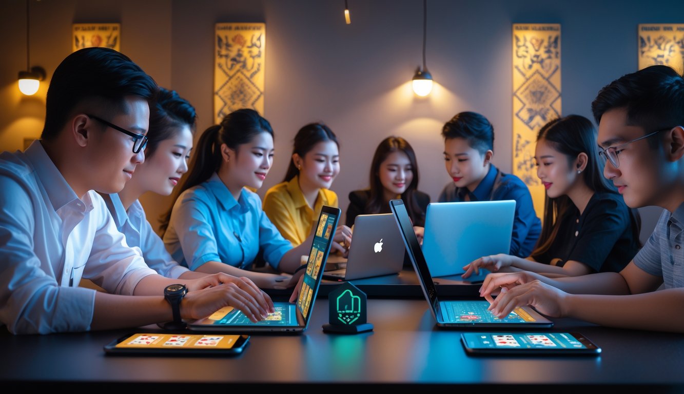 Beberapa orang bermain poker online menggunakan perangkat digital di lingkungan yang nyaman dan profesional.