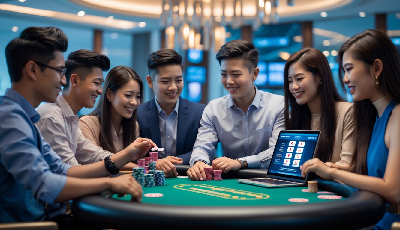 Sekelompok orang muda bermain poker di meja modern dengan suasana yang percaya diri dan fokus.