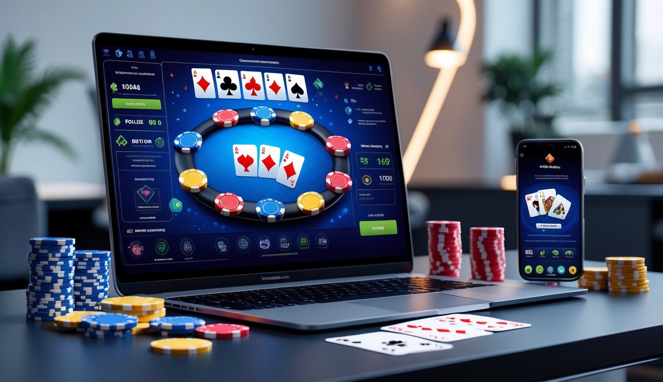 Sebuah meja dengan komputer menampilkan permainan poker online, dikelilingi oleh chip poker dan kartu remi di sebuah ruangan yang terang dan modern.