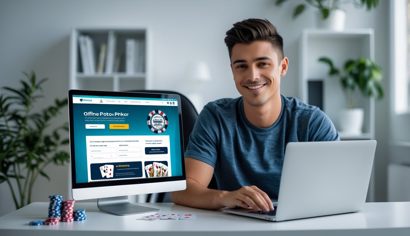 Seorang pria muda duduk di meja dengan laptop, tampak sedang mendaftar di situs poker online resmi dengan suasana ruangan yang rapi dan nyaman.