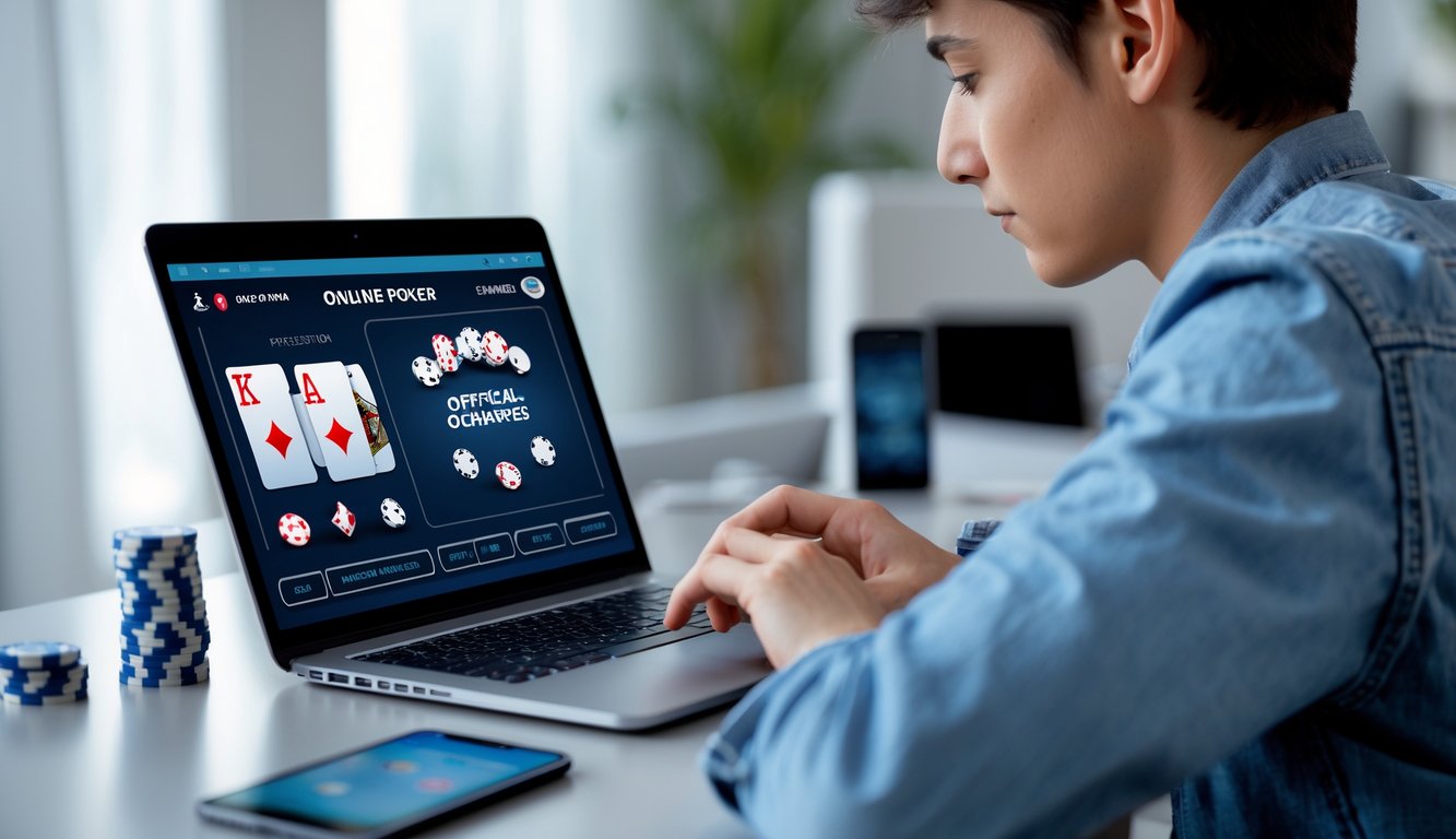 Seorang dewasa muda duduk di meja dengan laptop yang menampilkan permainan poker online, terlihat fokus dan sedang belajar bermain.
