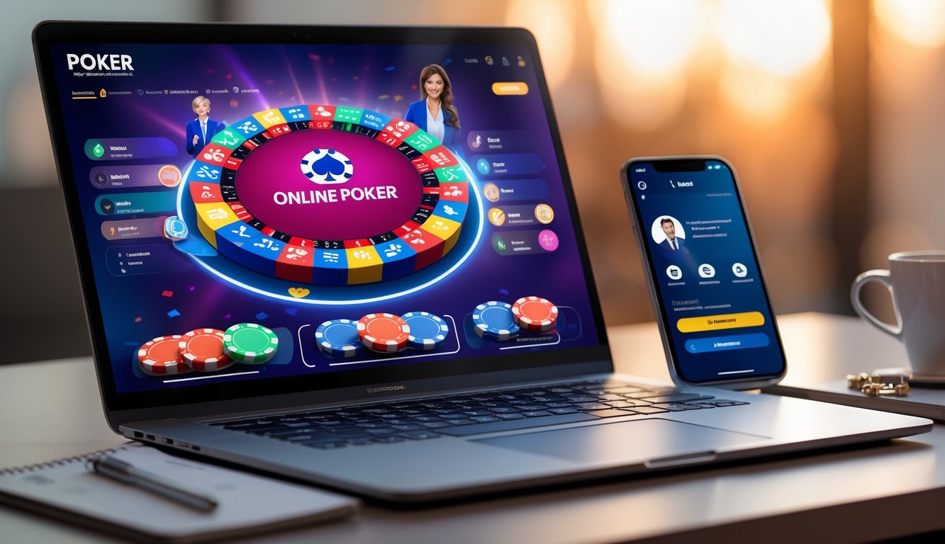 Sebuah laptop dengan permainan poker online dan ponsel yang menampilkan layanan pelanggan 24 jam di meja kerja yang rapi.