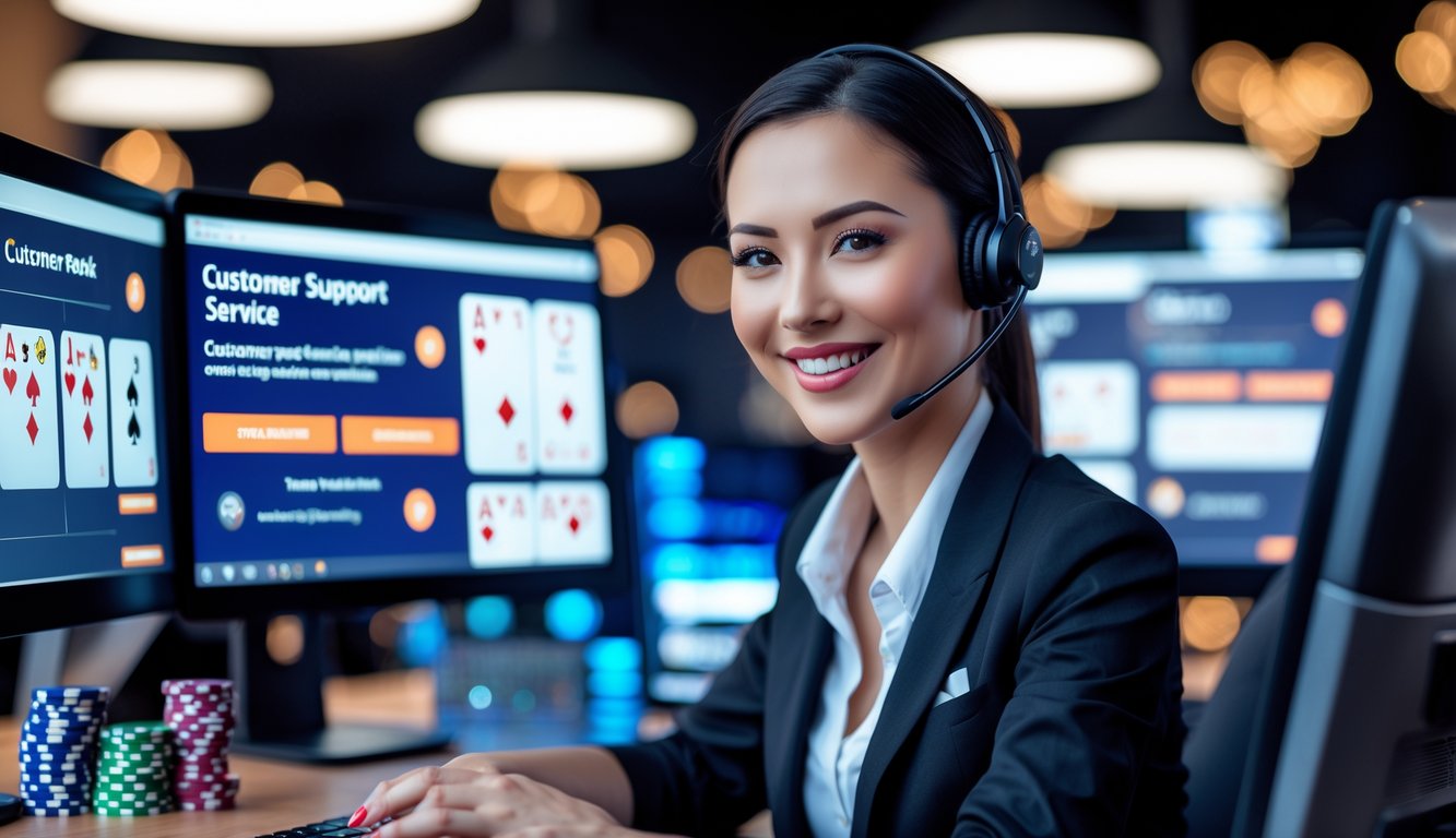 Seorang perwakilan layanan pelanggan tersenyum dengan headset di depan beberapa layar komputer yang menampilkan permainan poker dan jendela obrolan dukungan pelanggan.