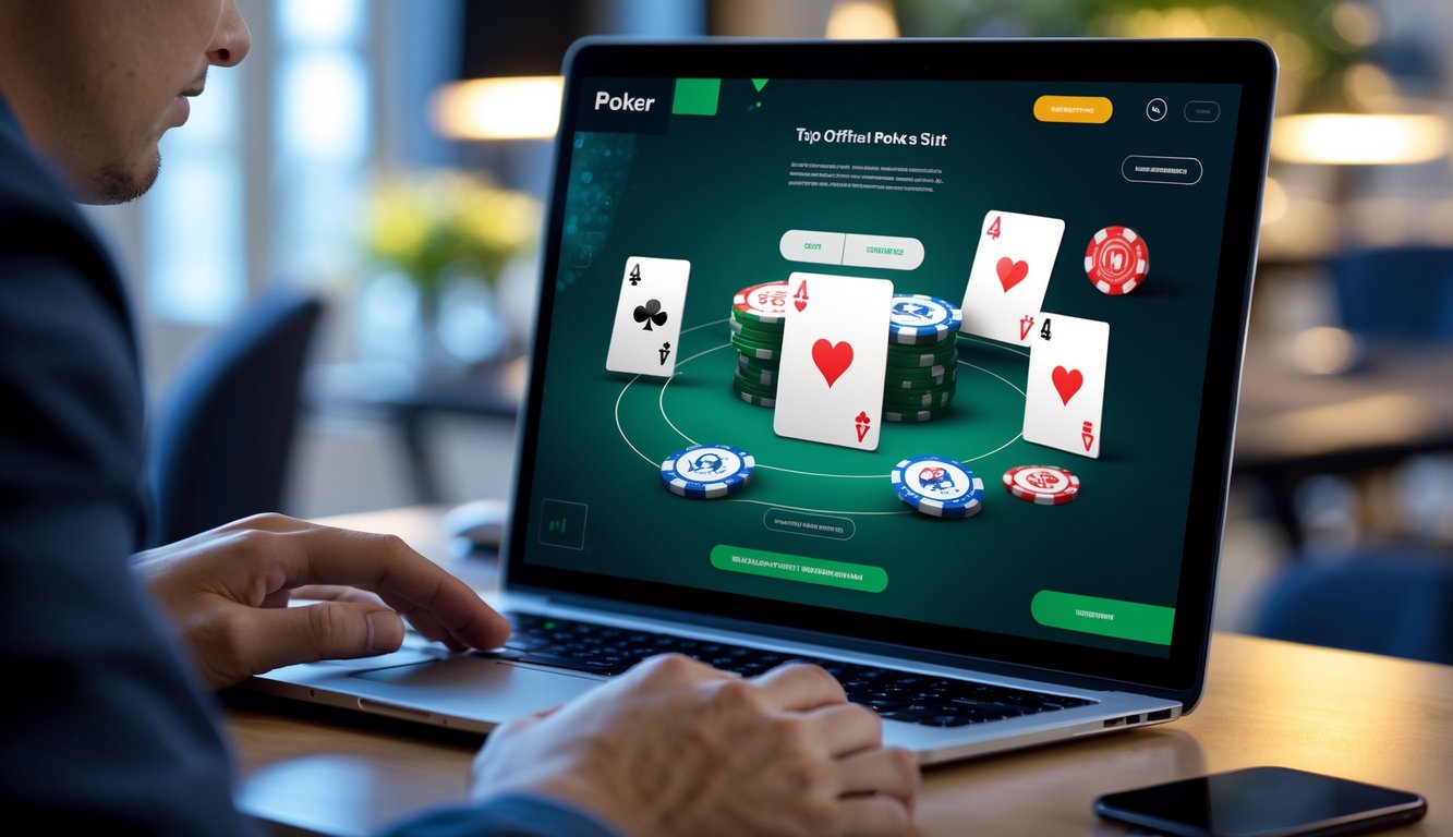 Seorang pemain menggunakan komputer dan smartphone dengan tampilan kartu poker dan chip di layar, menunjukkan suasana permainan poker online yang aman dan cepat.