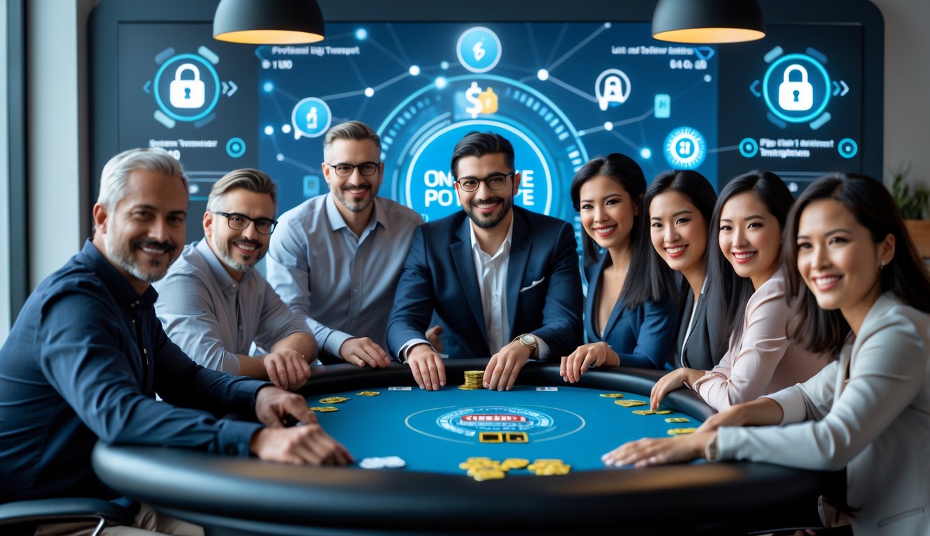 Sekelompok orang dewasa bermain poker online di meja digital dengan latar ruang kerja modern yang menunjukkan suasana aman dan cepat dalam transaksi.