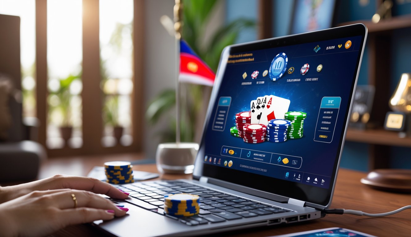 Seseorang sedang bermain poker online di komputer dengan tumpukan chip dan kartu di layar, di ruang kerja yang rapi dengan dekorasi khas Indonesia.