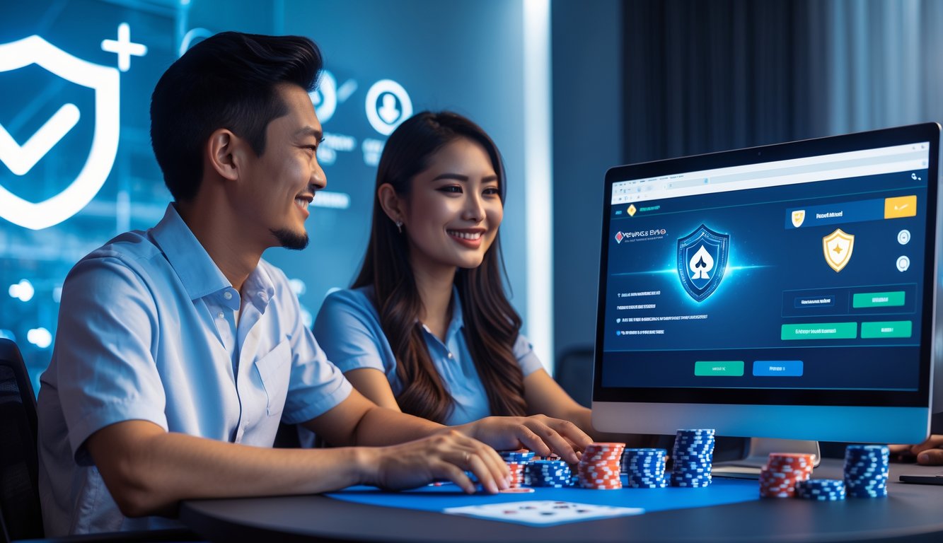 Dua orang sedang bermain poker online di depan laptop di sebuah meja permainan modern dengan suasana yang percaya diri dan fokus.