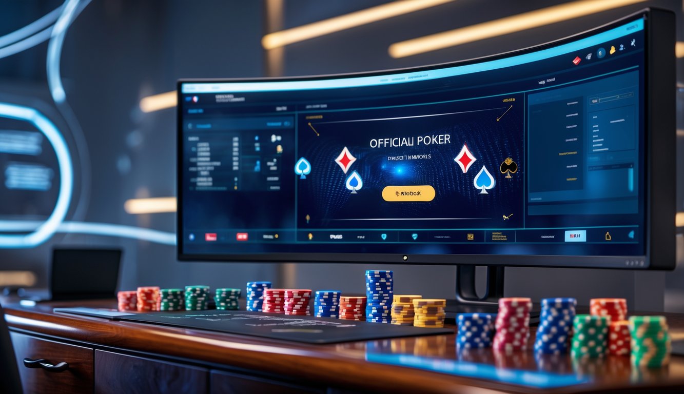 Sebuah meja kerja modern dengan monitor menampilkan permainan poker online dan tumpukan chip poker serta kartu di atas meja.