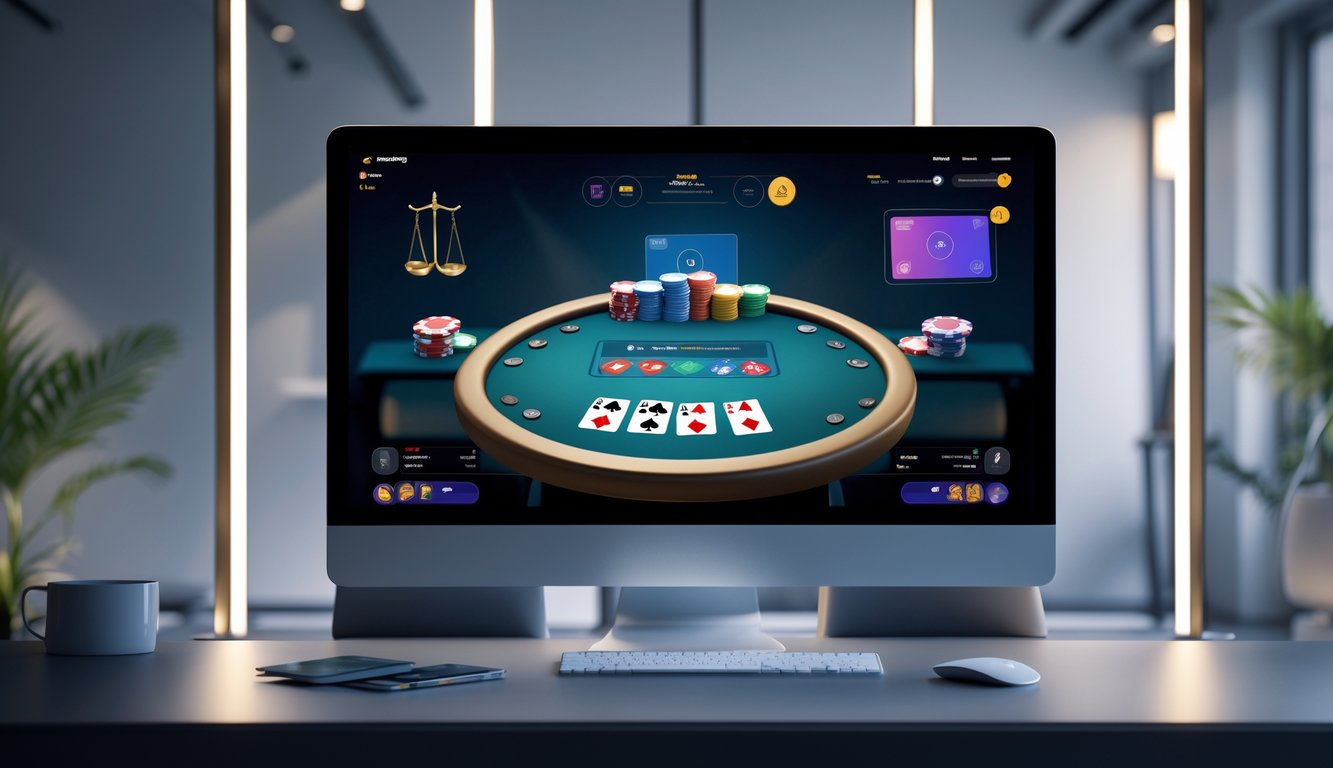 Sebuah meja poker digital modern yang ditampilkan pada layar komputer dengan suasana ruangan yang bersih dan terang.