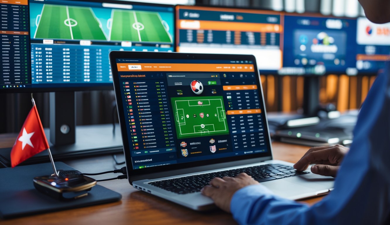 Seorang pria menggunakan laptop dengan layar menampilkan data taruhan sepak bola, dikelilingi beberapa layar yang menayangkan pertandingan sepak bola.