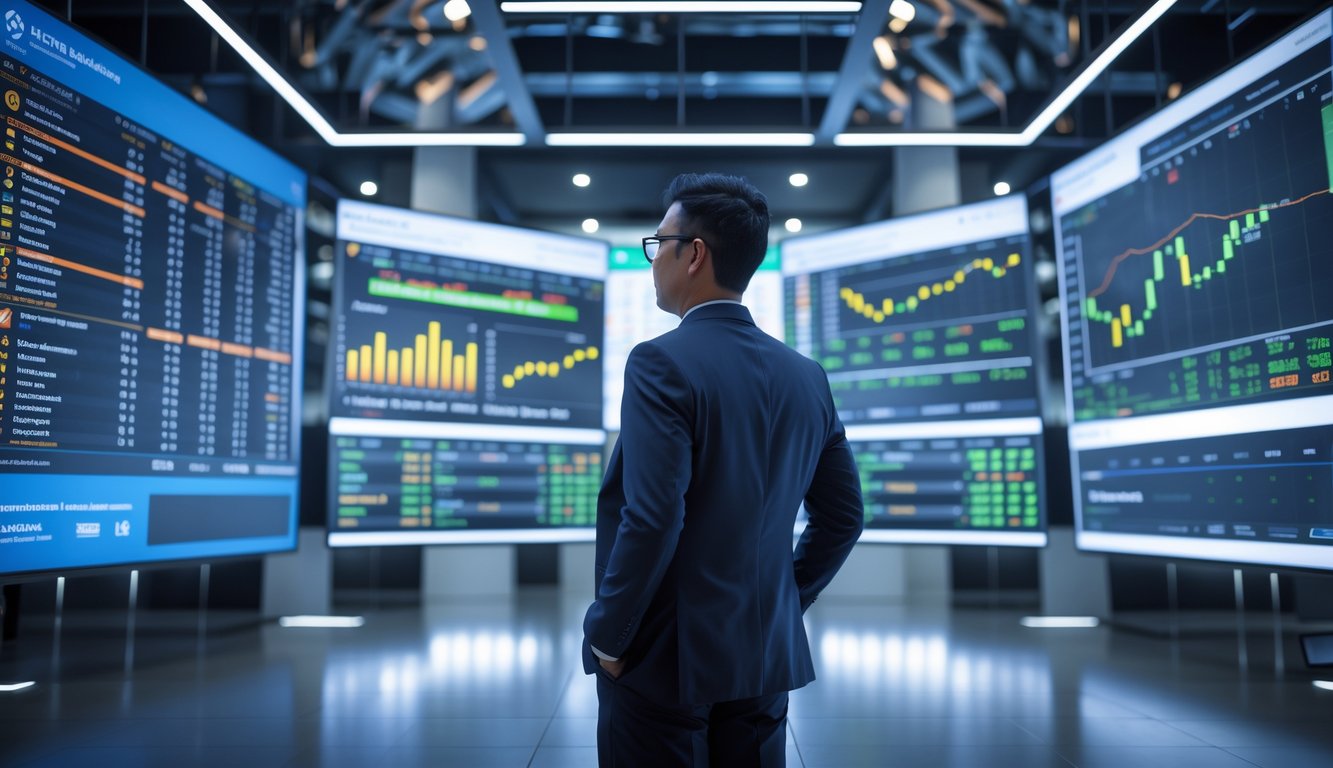 Seorang pria Indonesia berdiri di kantor modern dengan layar digital menampilkan data taruhan olahraga.