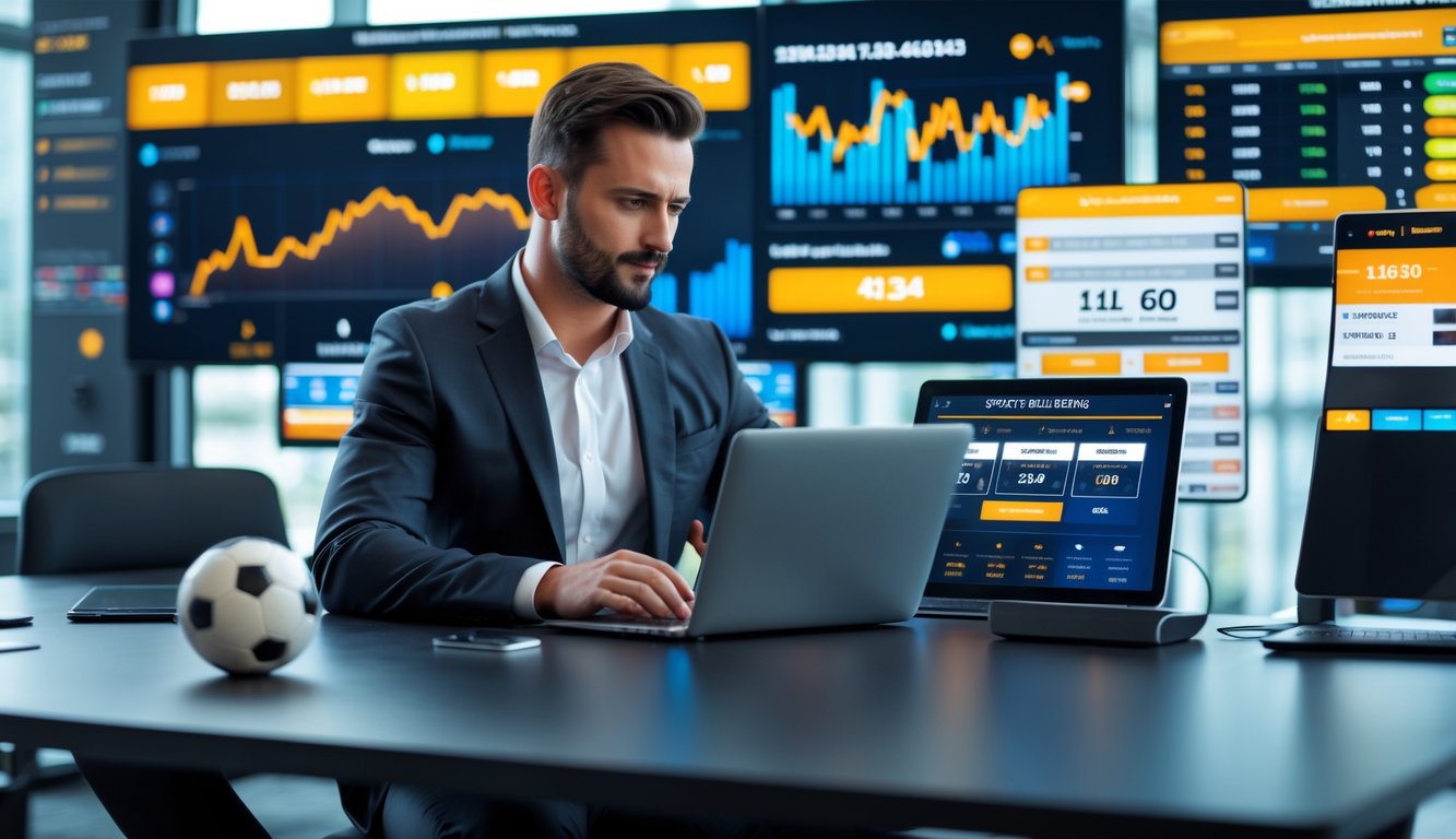 Seorang pria bisnis duduk di kantor modern dengan beberapa layar digital menampilkan data dan statistik taruhan olahraga.