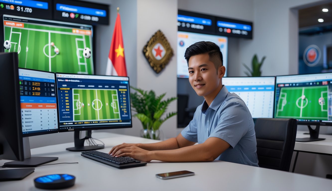 Seorang pria muda Indonesia duduk di depan komputer dengan beberapa layar menampilkan pertandingan sepak bola dan peluang taruhan dalam suasana kerja modern.