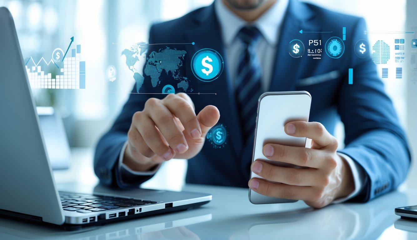 Seorang pria percaya diri menggunakan ponsel dan laptop di kantor modern yang terang dan profesional.