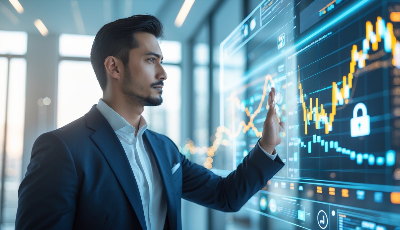 Seorang pria bisnis percaya diri sedang berinteraksi dengan layar digital besar di kantor modern yang menunjukkan data keuangan dan transaksi cepat.