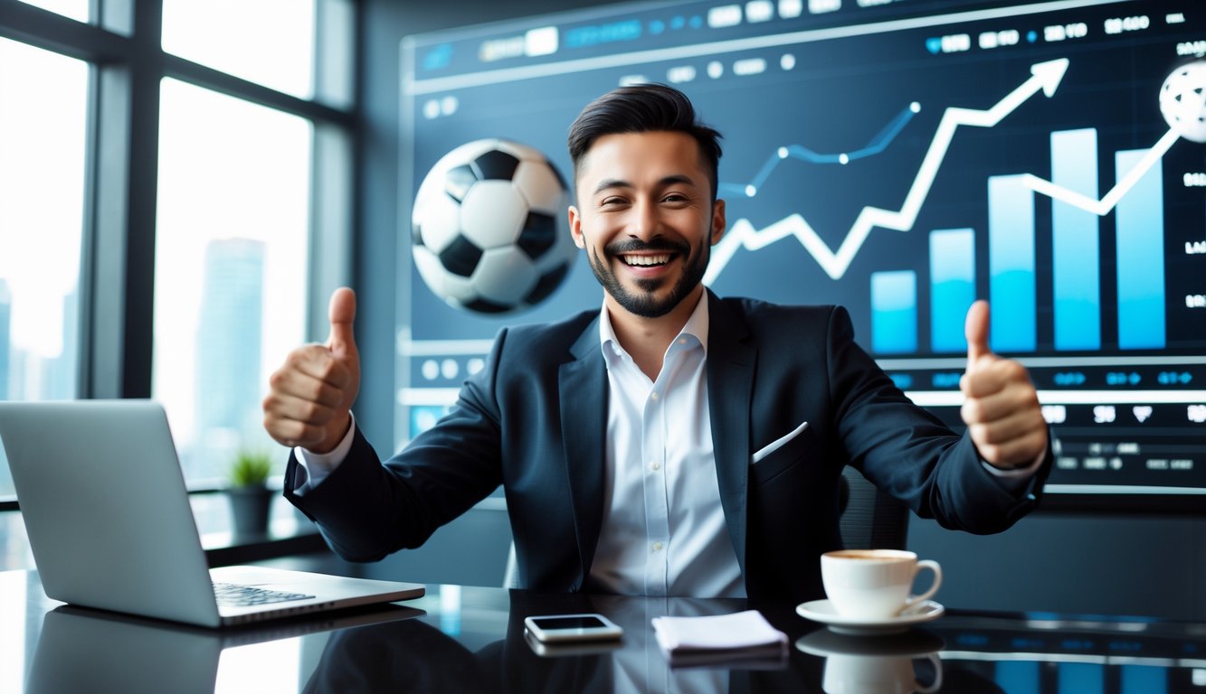 Seorang pria percaya diri di kantor modern sedang tersenyum dan memberikan jempol dengan latar belakang grafik sepak bola dan statistik.