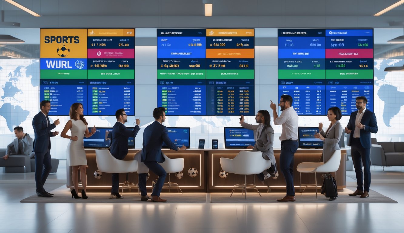 Orang-orang yang antusias sedang melihat layar digital dengan informasi tentang liga sepak bola internasional di sebuah ruangan modern.