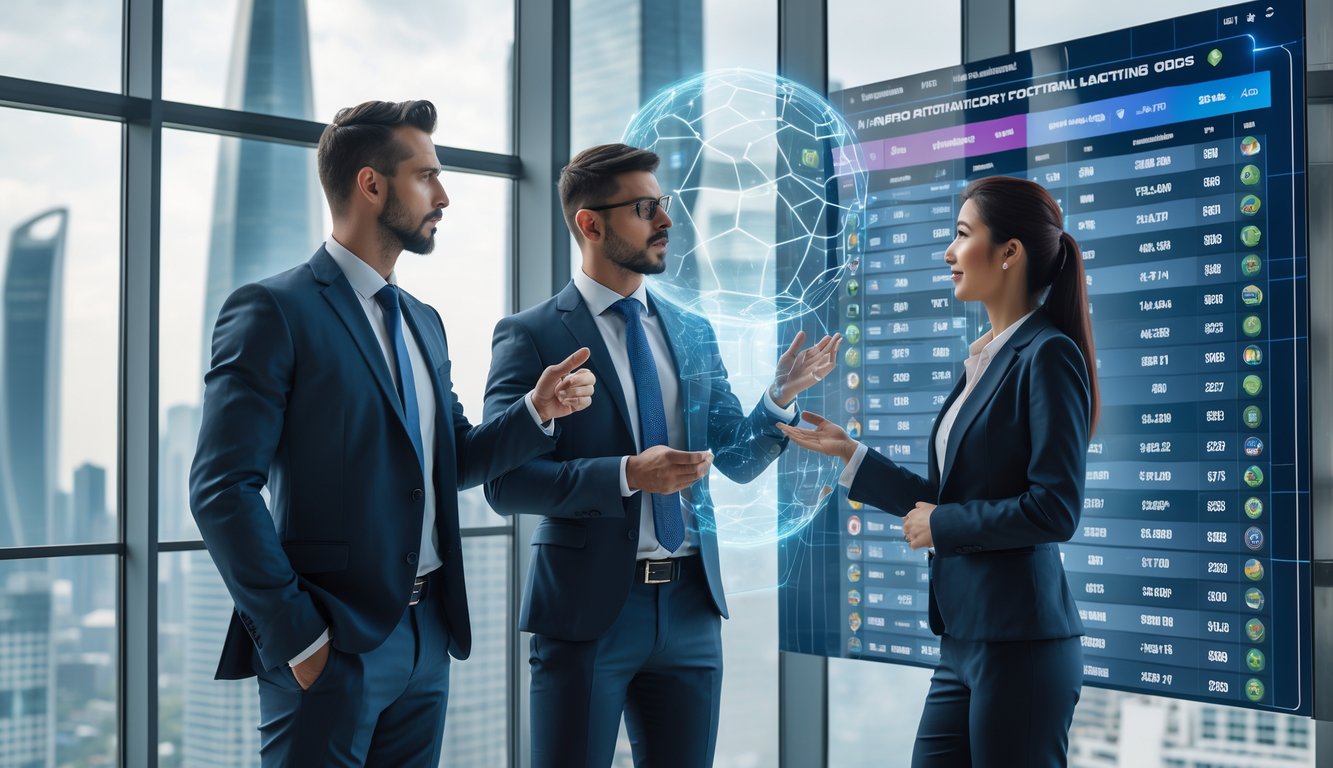 Dua profesional bisnis sedang berdiskusi di kantor modern dengan layar digital menampilkan data liga sepak bola internasional.