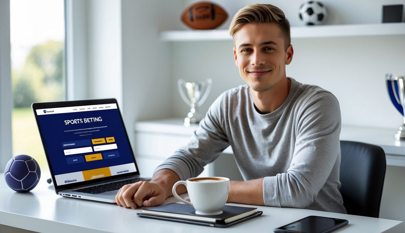 Seorang pria muda duduk di meja dengan laptop terbuka dan perlengkapan kerja, terlihat fokus dan tersenyum di ruang kerja yang rapi dengan dekorasi bertema olahraga.