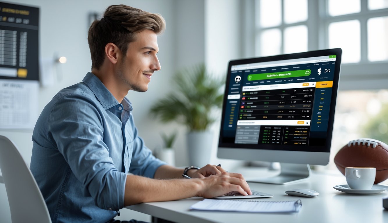 Seorang pria muda duduk di depan laptop dengan tampilan situs taruhan bola, di meja terdapat bola sepak dan catatan strategi.