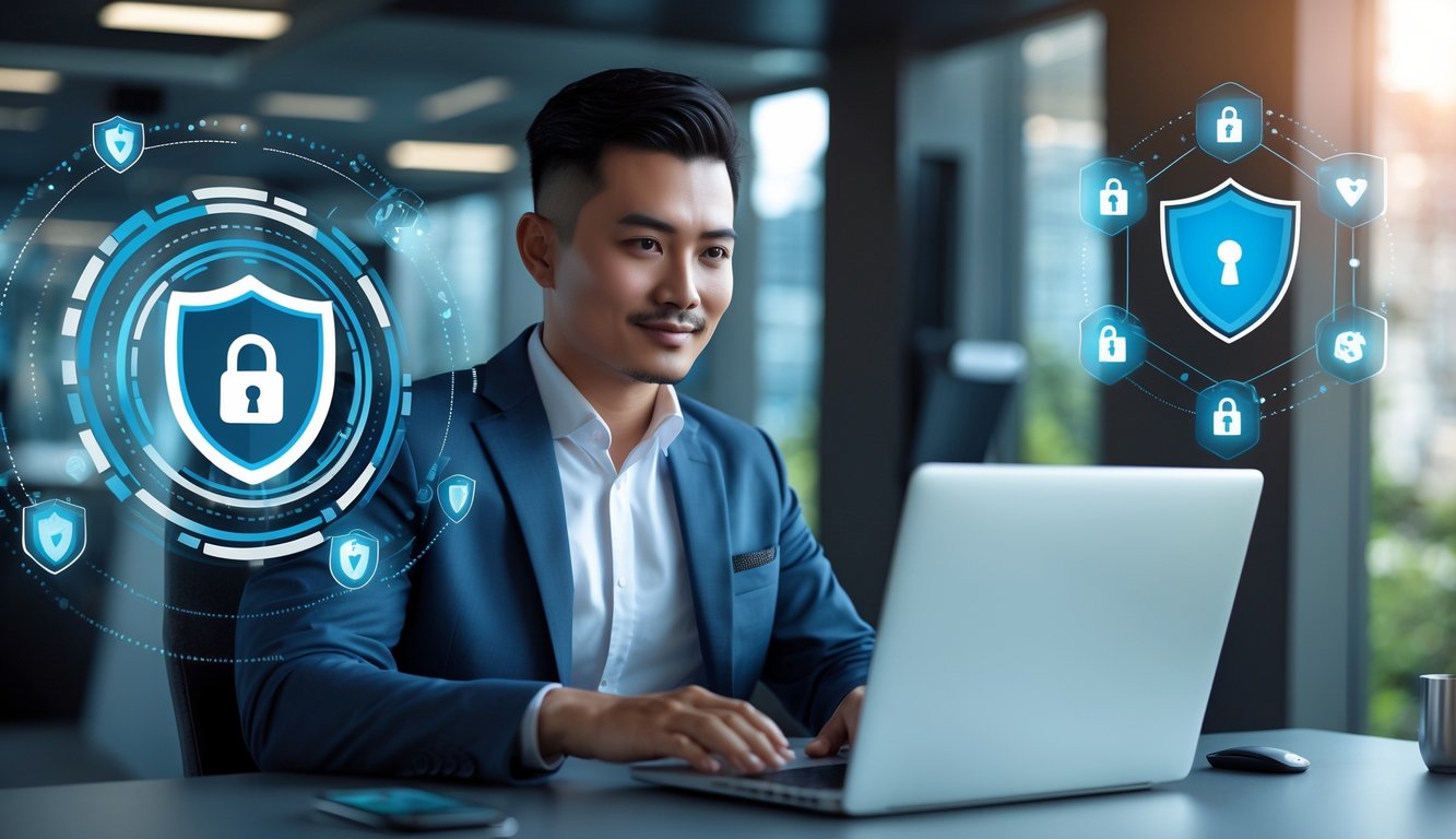 Seorang pria Indonesia sedang menggunakan laptop di kantor modern dengan elemen digital keamanan di sekitarnya.