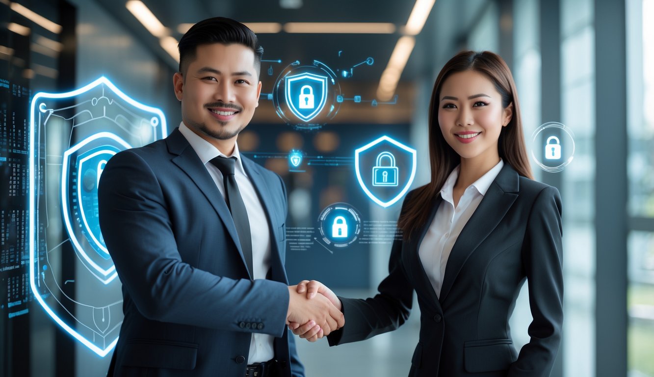 Dua profesional bisnis tersenyum berjabat tangan di kantor modern dengan elemen keamanan digital di latar belakang.