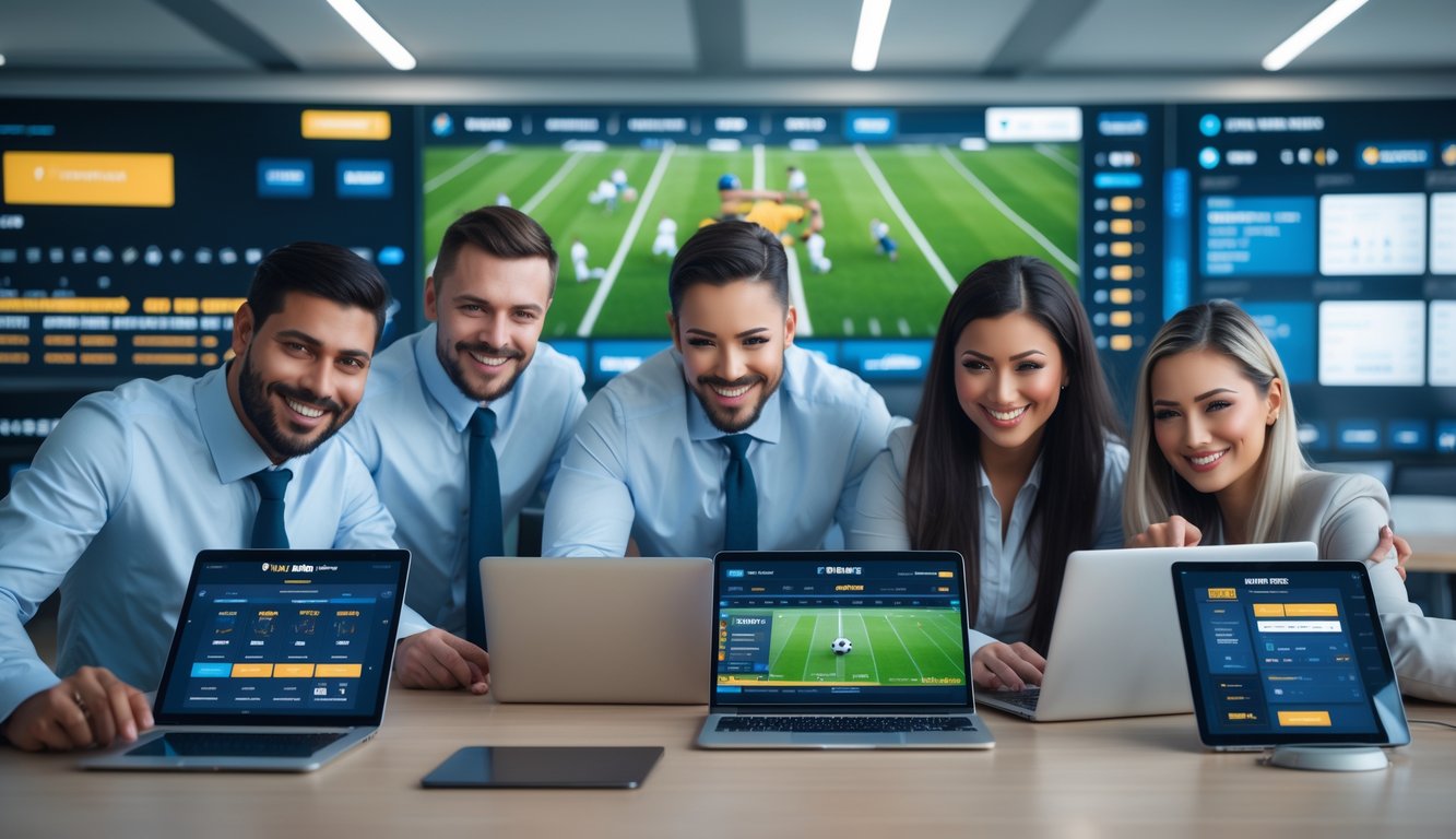 Orang-orang menggunakan perangkat digital di kantor modern dengan layar besar menampilkan grafik olahraga.