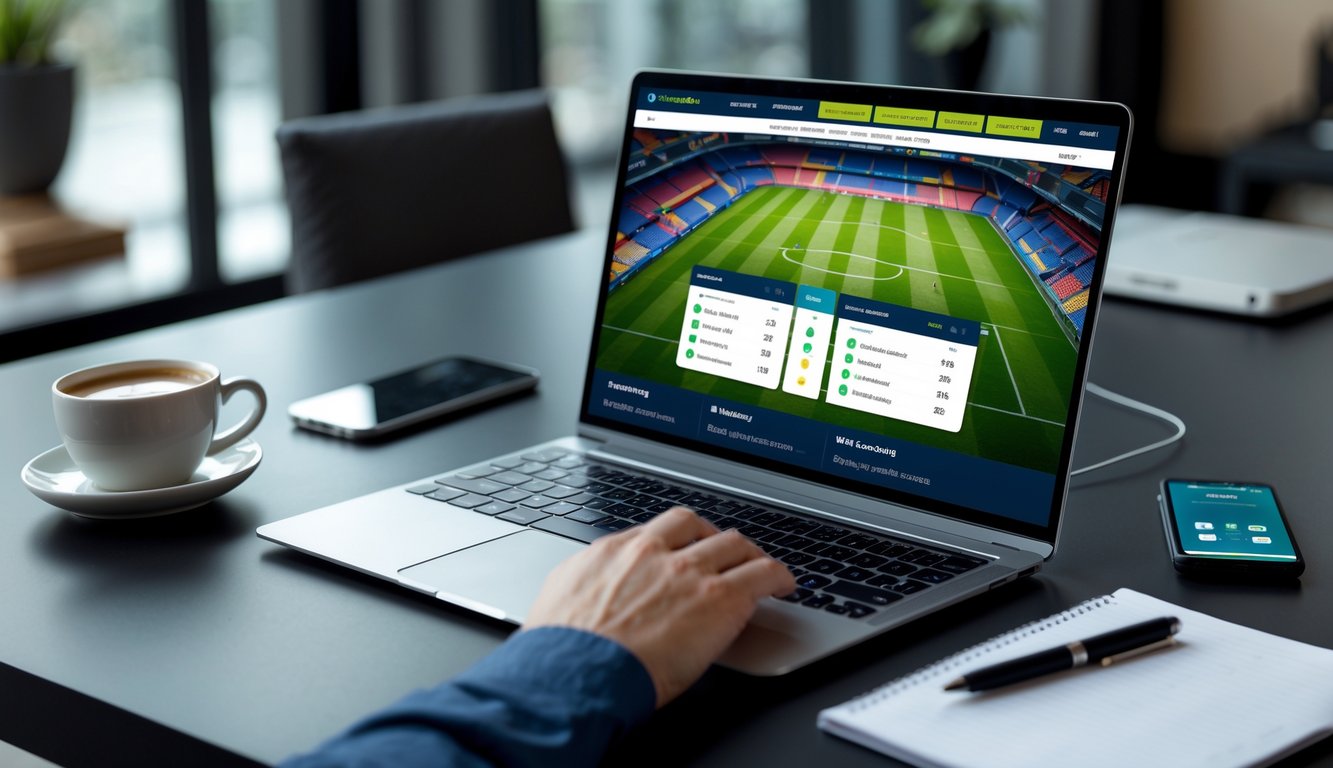 Seorang pengguna di meja kerja dengan laptop yang menampilkan situs taruhan bola, dikelilingi oleh kopi, ponsel, dan alat tulis.