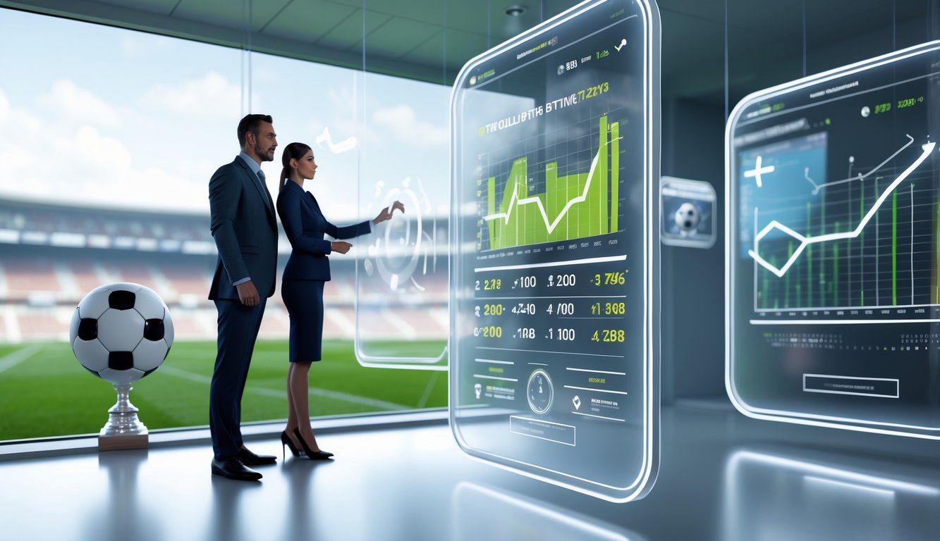 Seorang pria dan wanita berpakaian rapi sedang melihat layar digital dengan grafik dan ikon terkait taruhan olahraga di sebuah kantor modern.