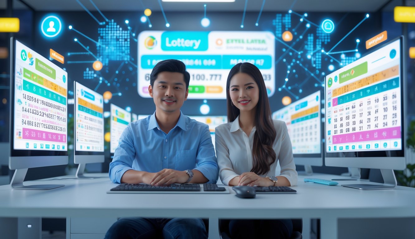 Dua orang Indonesia duduk di meja dengan beberapa layar komputer menampilkan angka lotere dan grafik di kantor modern.