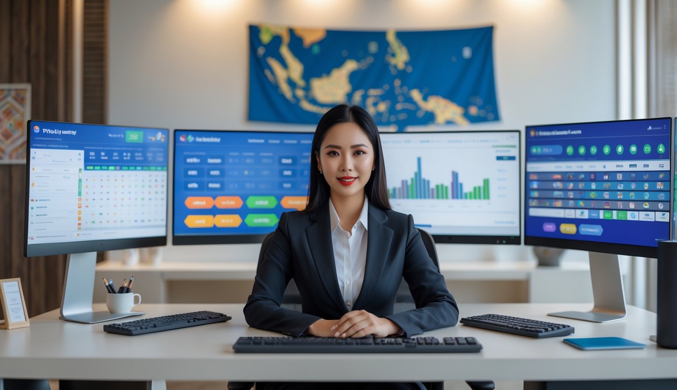 Seorang wanita profesional duduk di meja kantor modern dengan beberapa layar komputer yang menampilkan grafik dan angka terkait togel online.