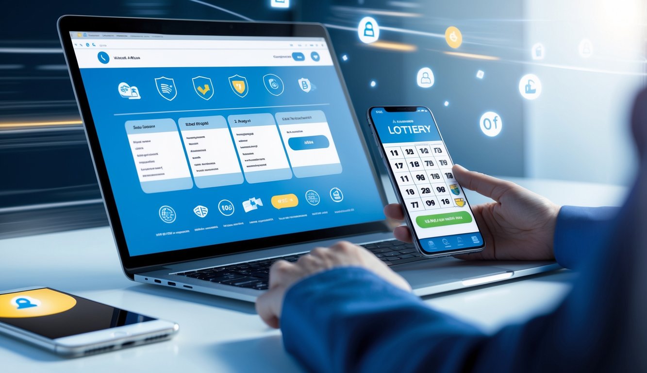 Meja kerja modern dengan laptop dan ponsel yang menampilkan antarmuka pembayaran online dan tiket lotere digital.