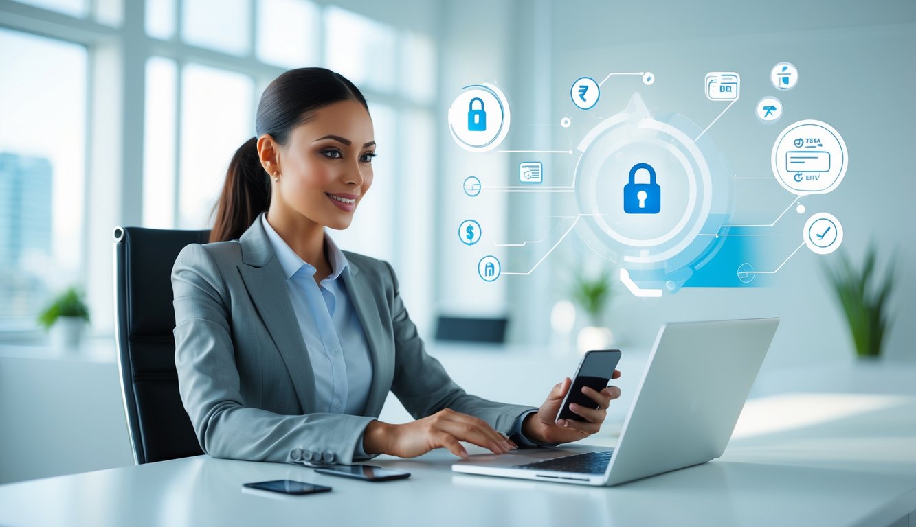 Seorang wanita profesional sedang menggunakan laptop dan ponsel di kantor modern dengan latar belakang ikon pembayaran digital yang menunjukkan keamanan dan kecepatan.